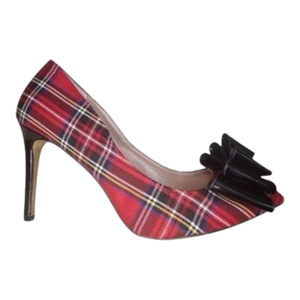 Betsey Johnson Bret Pumps Women Red Tartan Plaid Black Bow Stiletto Heel Size 9
